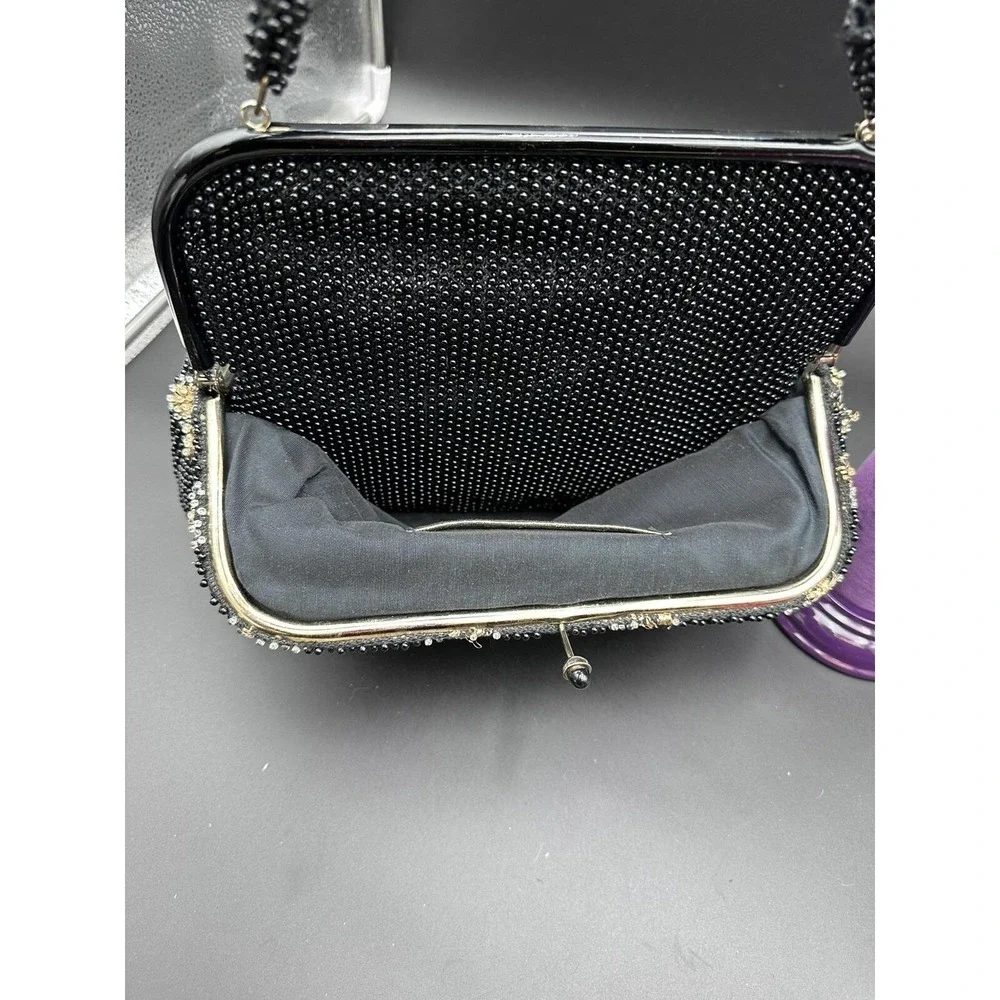 Vintage Corde‎ Bead Lumured reversible beaded handbag purse black floral pattern